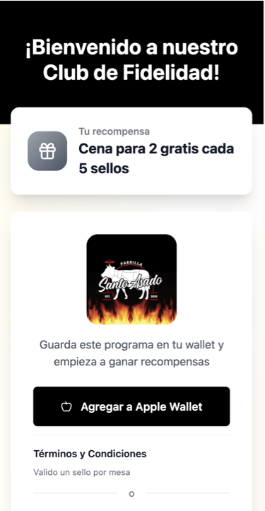 Pantalla de registro al club de fidelidad de Santo Asado
