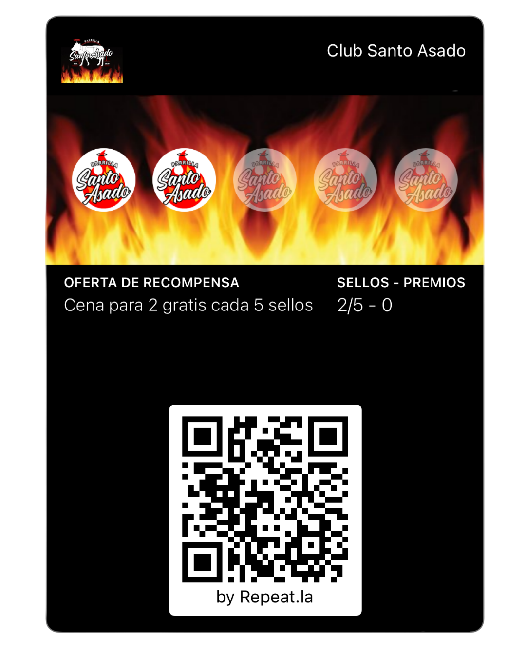 Tarjeta de fidelidad digital de Santo Asado con sellos y QR